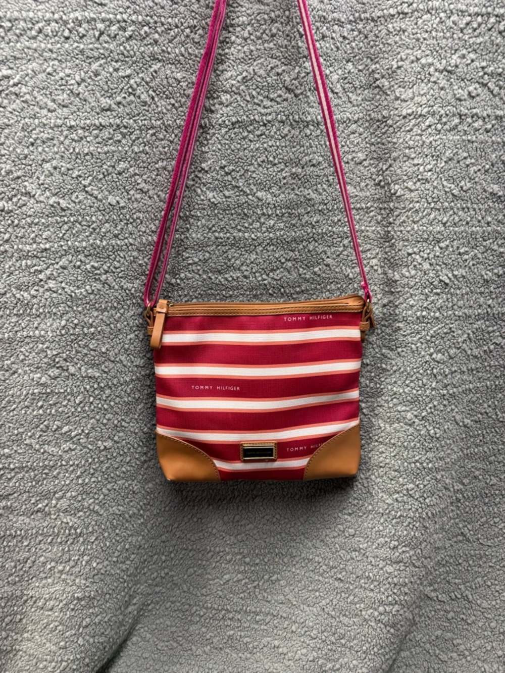 Tommy Hilfiger Coral and Cream Striped Women's Tote with Gold Plaque